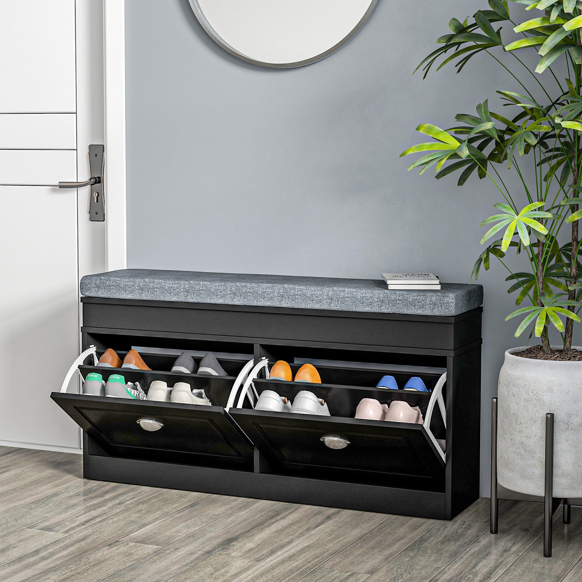 HOMCOM Modern Shoe Rack Bench for Entryway, Storage Organizer with Cushion, 2 Drawers, Adjustable Shelf, Holds 8 Pairs, Black - Grand Goldman Shop