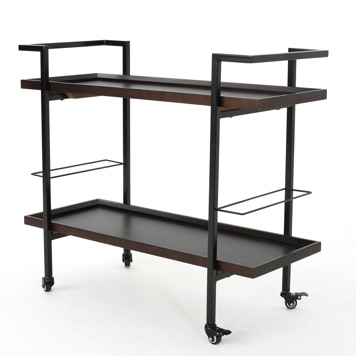 Modern Industrial Bar Cart with Shelving and Rolling Casters, Walnut Wood, 38x16.1x33 inches - Grand Goldman Shop