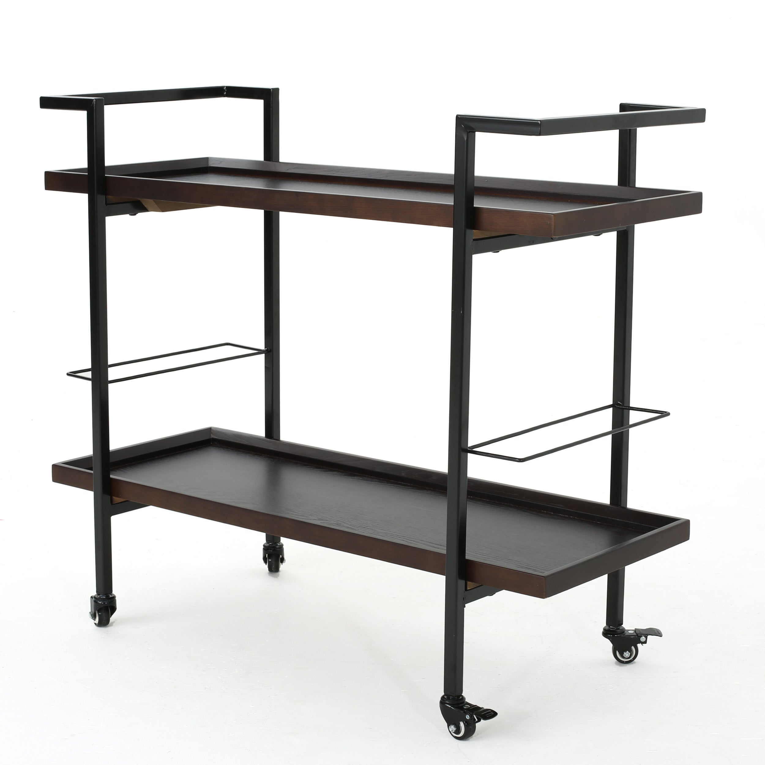 Modern Industrial Bar Cart with Shelving and Rolling Casters, Walnut Wood, 38x16.1x33 inches - Grand Goldman Shop