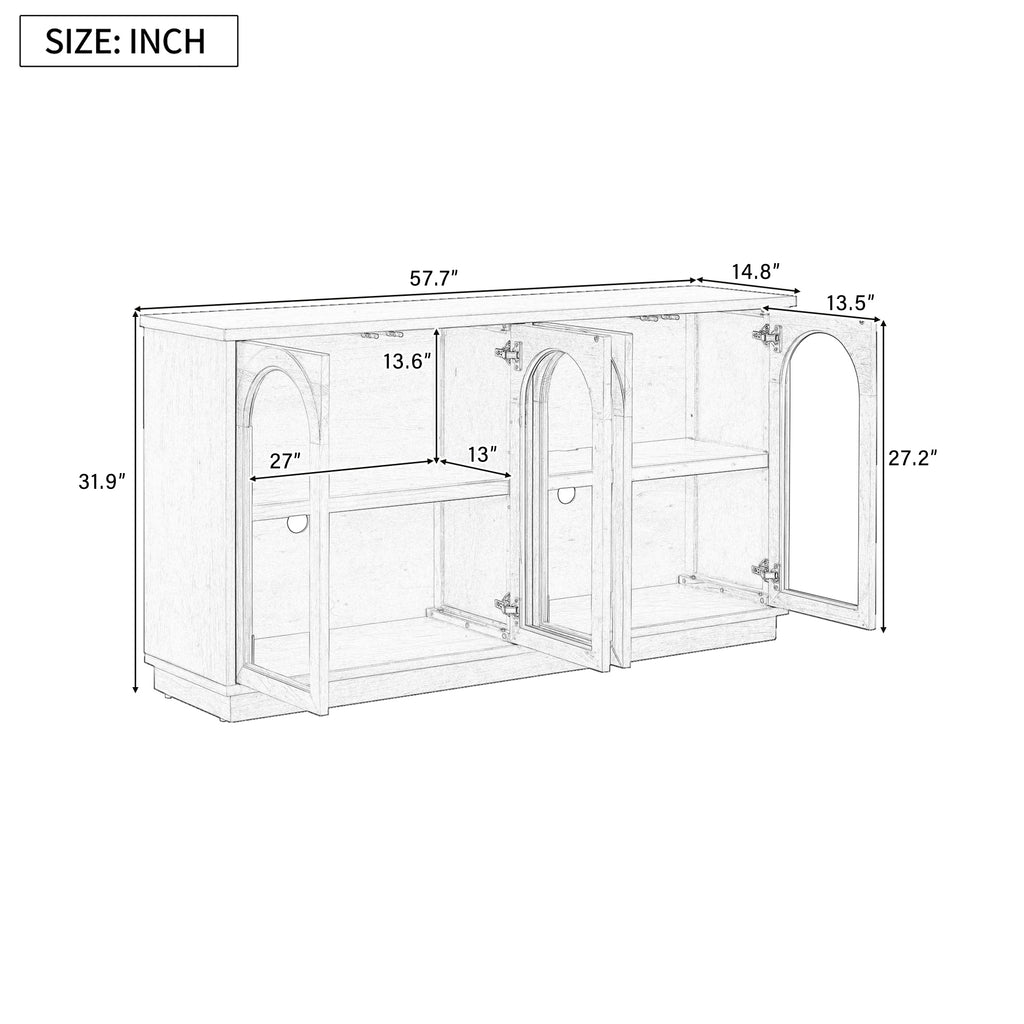 TREXM 4-Door Large Storage Buffet Cabinet with Glass Doors, Arched Cabinet with Adjustable Shelves for Kitchen, Dining Room and Living Room (Old Pine) - Grand Goldman Shop
