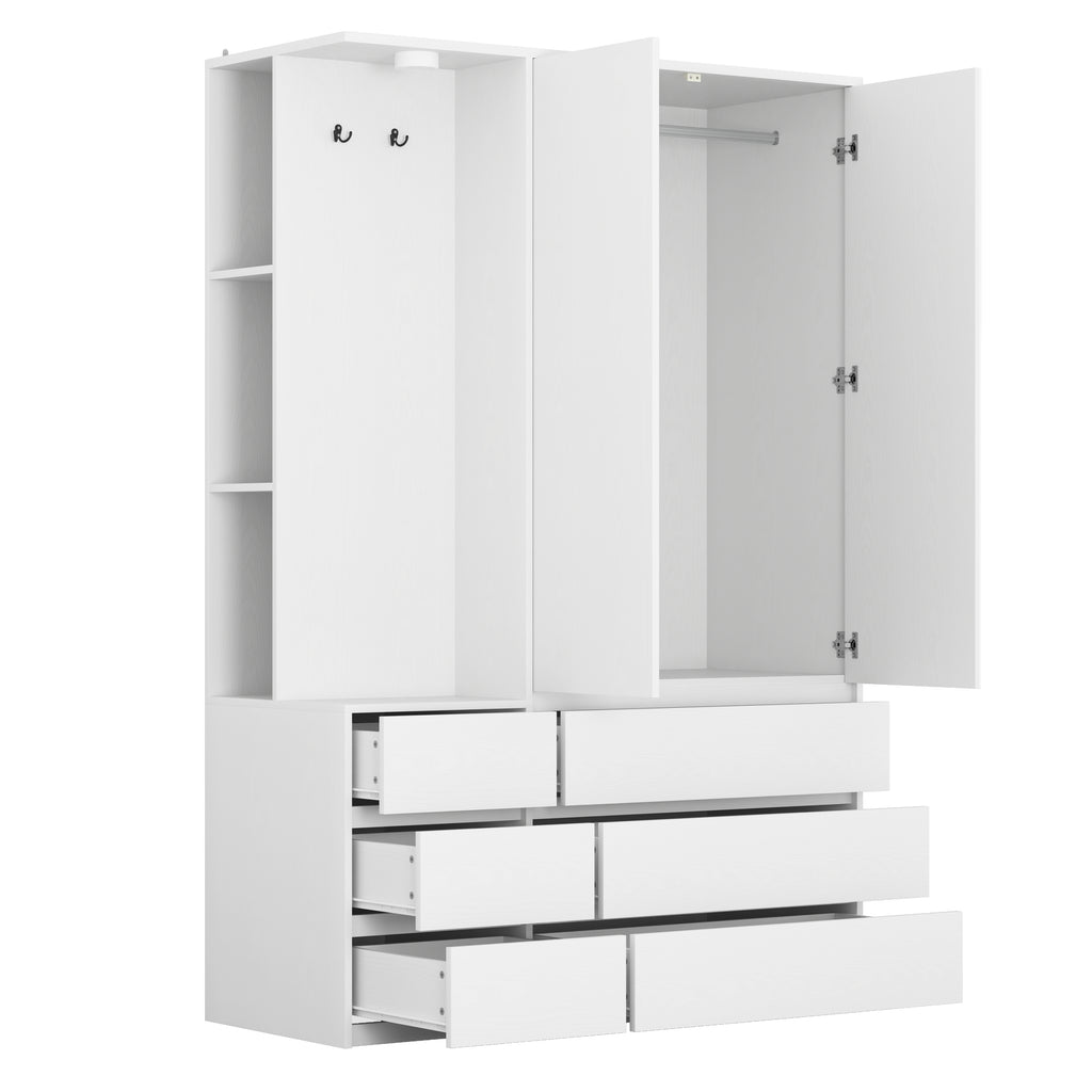 Wardrobe Closet 71.7' H, Bedroom Wooden Wardrobe with 2 Doors 6 Drawers, Modern Clothing Storage Cabinet Combination with Storage Shelves and Hanging Rail, White - Grand Goldman Shop