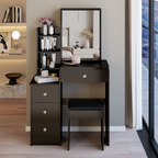29.2' Small Space Left Bedside Cabinet Vanity Table + Cushioned Stool, Extra Large Right sliding mirror, Multi Layer High Capacity Storage, Practical Fashionable Dresser, Suitable For Small Space - Grand Goldman Shop