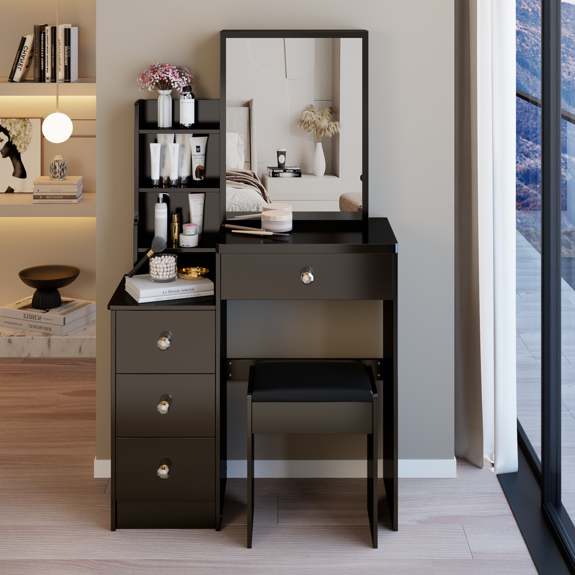 29.2' Small Space Left Bedside Cabinet Vanity Table + Cushioned Stool, Extra Large Right sliding mirror, Multi Layer High Capacity Storage, Practical Fashionable Dresser, Suitable For Small Space - Grand Goldman Shop