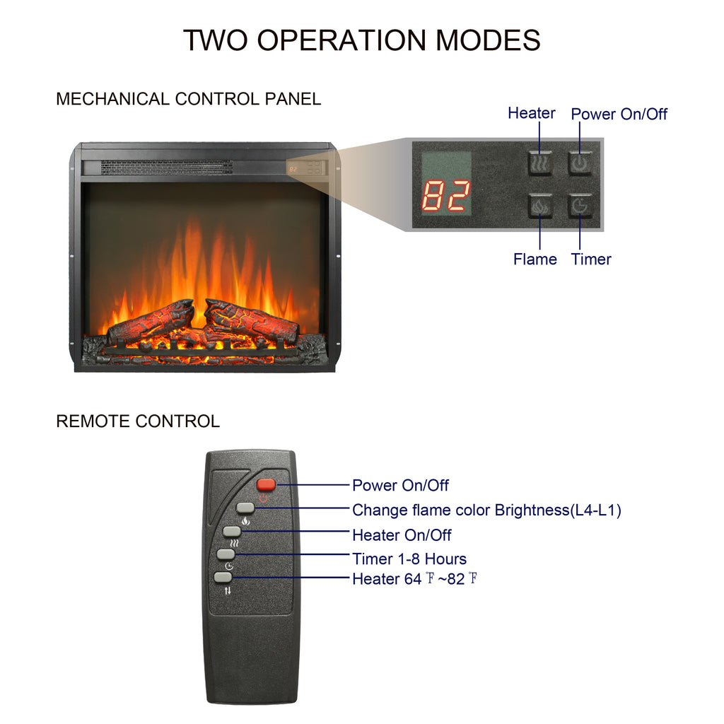 23 inch electric fireplace insert, ultra thin heater with log set & realistic flame, remote control with timer, overheating protection - Grand Goldman Shop