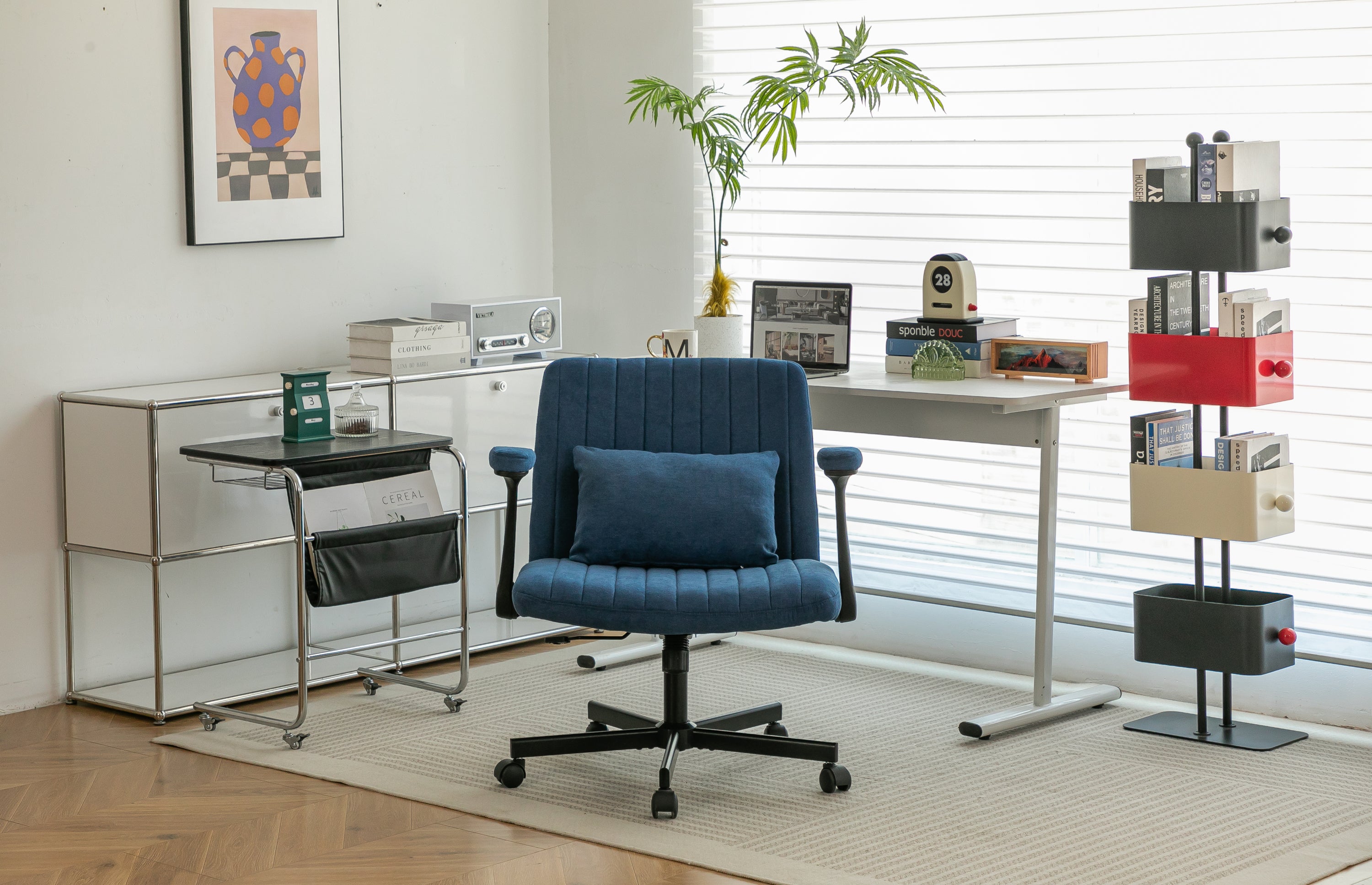 Modern Linen Blue Criss Cross Armrest Office Chair with Foldable Design, Soft Velvet Fabric, 36.6-Inch Height - Grand Goldman