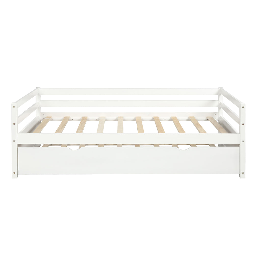 White Twin Daybed with Trundle Frame Set, Pine Wood and MDF, 76''L x 41.7''W x 25.9''H - Grand Goldman Shop