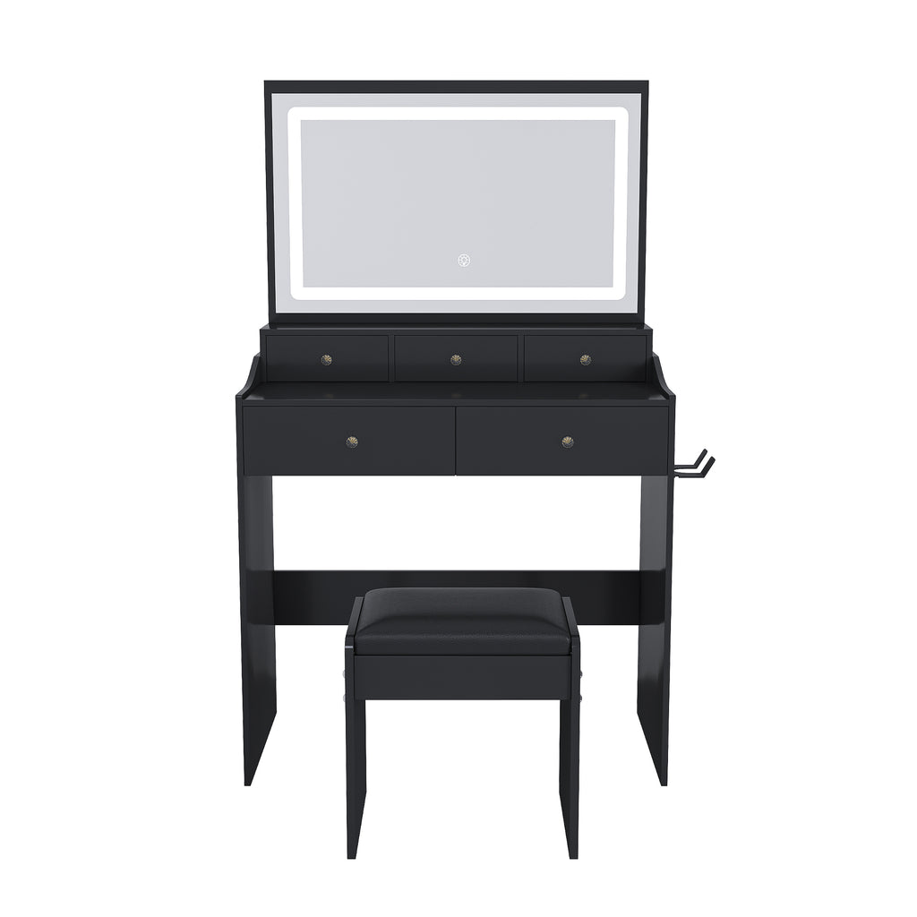 Modern Black Makeup Vanity Set with Power Outlet, Hair Dryer Holder, and Adjustable Lighting - Grand Goldman Shop
