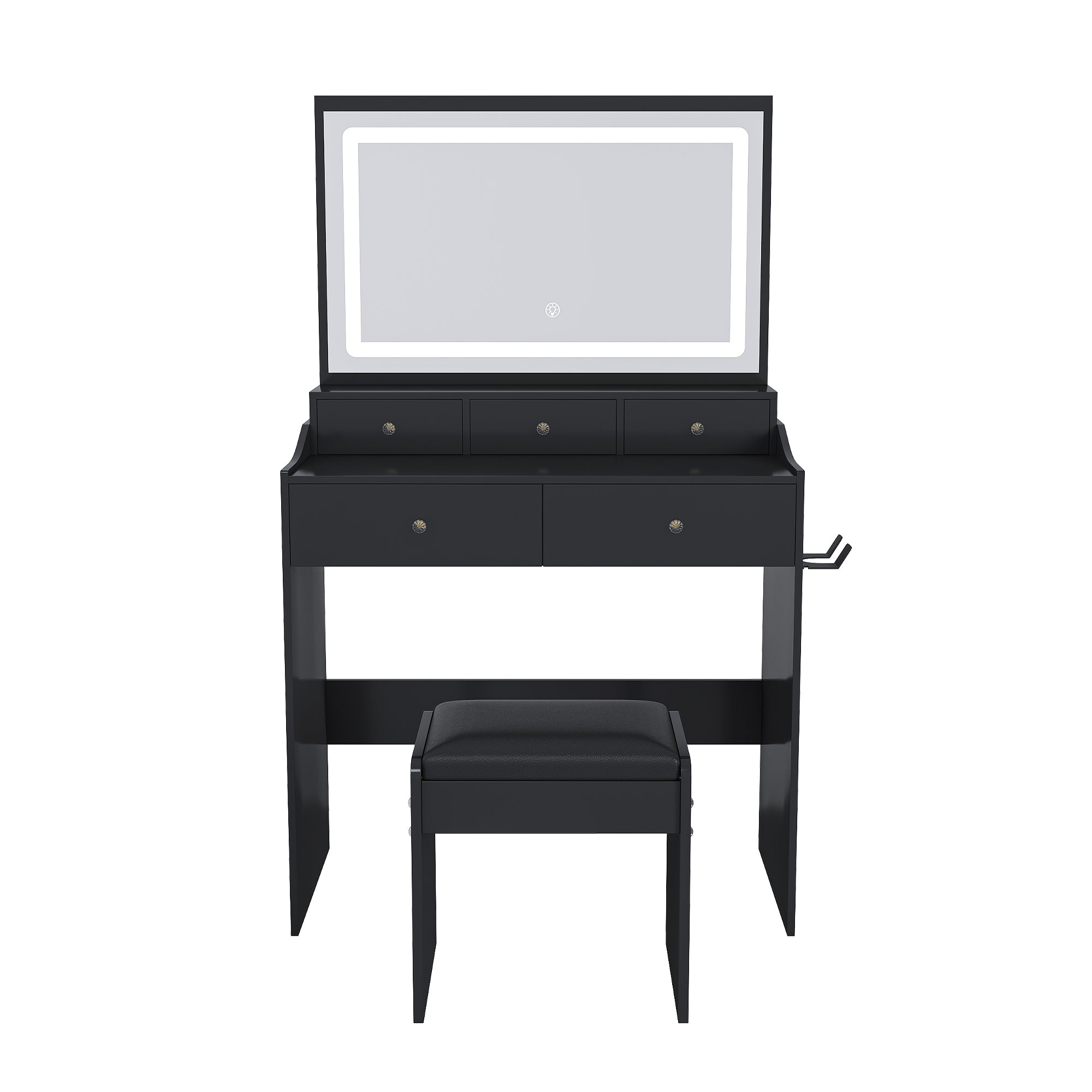 Modern Black Makeup Vanity Set with Power Outlet, Hair Dryer Holder, and Adjustable Lighting - Grand Goldman Shop