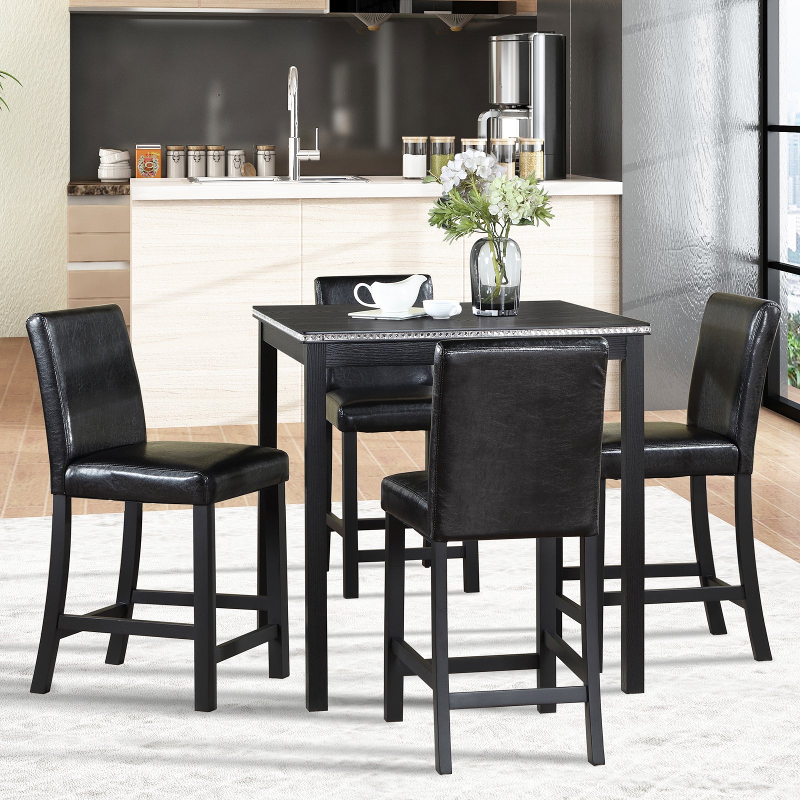 5PCs Counter Height Table Set, Wooden Kitchen Table Set with Square Table and 4 Upholstered Chairs, Counter Height Dining Table with Crystal Decoration and Chair Set for Kitchen, Dining Room, Black - Grand Goldman Shop