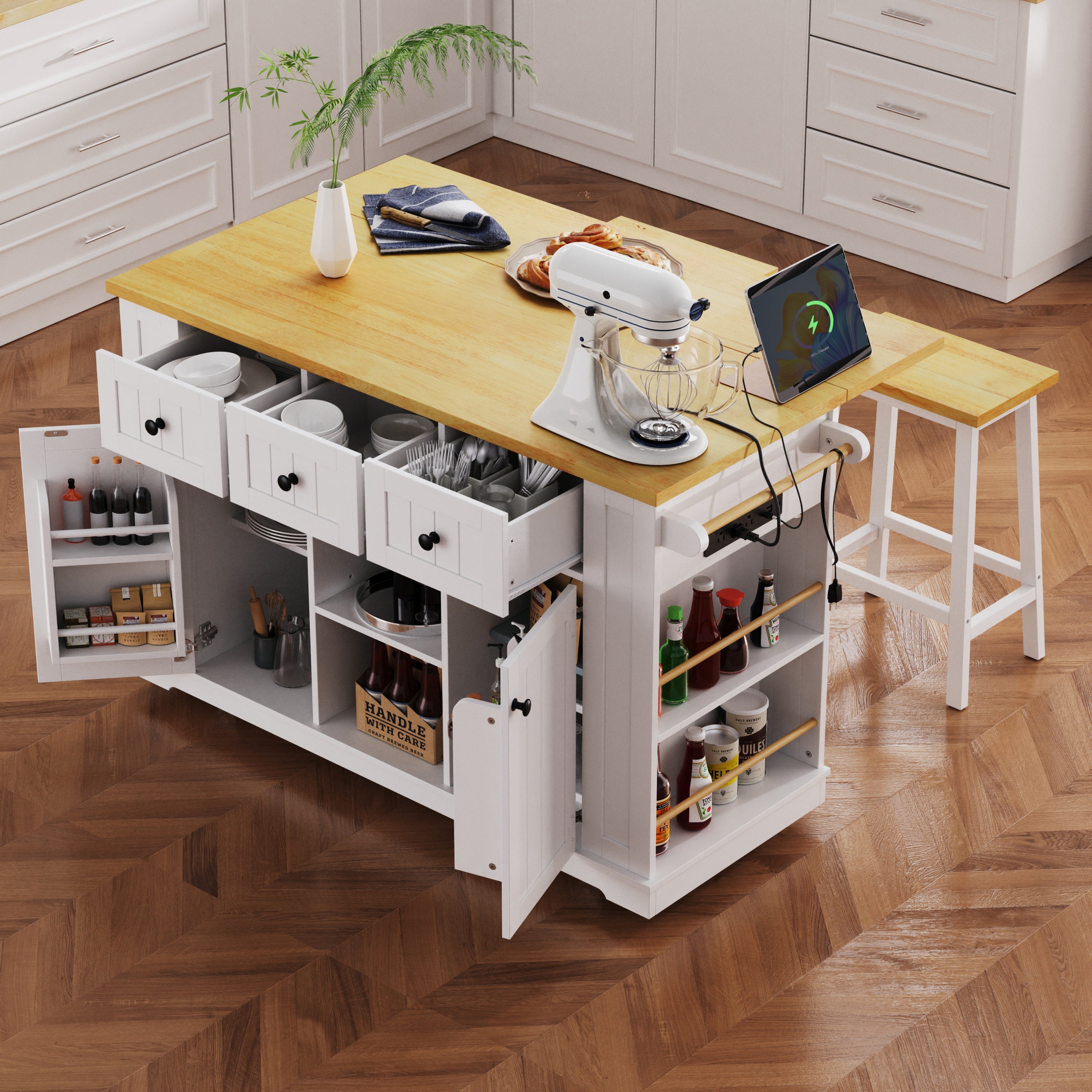 K&K 53inch Large Kitchen Island with Drop Leaf,Power Outlet,Door Internal Storage Rack,Rolling Kitchen Cart on 5 Wheels with 5 Open Side Racks for Kitchen,White (Two Packages)(Stools not included) - Grand Goldman Shop