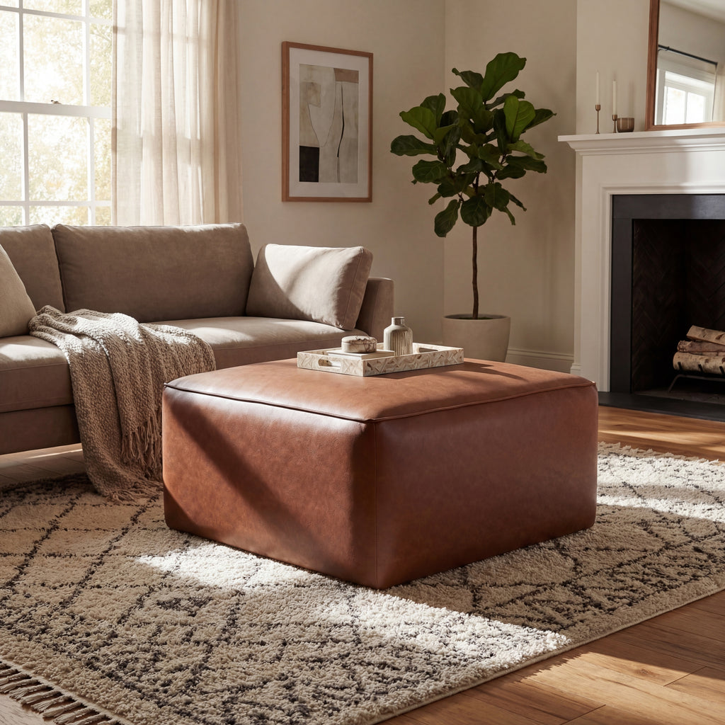 Upholstered Square PU Leather Ottoman,Brown (old sku N757P180768O) - Grand Goldman Shop