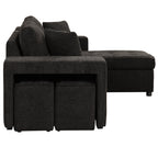 Modern L-Shape 3 Seat Reversible Sectional Couch with Pull Out Sleeper Sofa, Storage Chaise, 2 Stools, Charcoal Grey, Linen Chenille - Grand Goldman Shop
