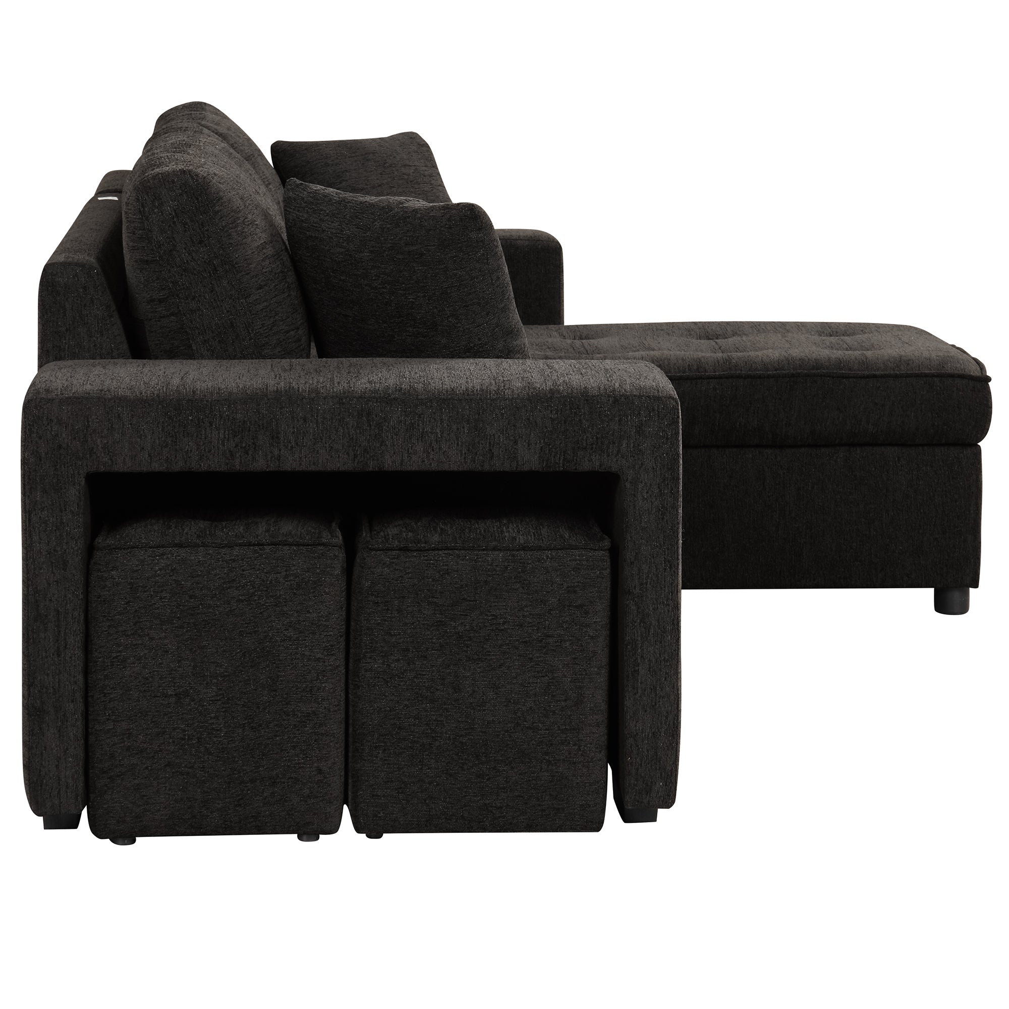 Modern L-Shape 3 Seat Reversible Sectional Couch with Pull Out Sleeper Sofa, Storage Chaise, 2 Stools, Charcoal Grey, Linen Chenille - Grand Goldman Shop