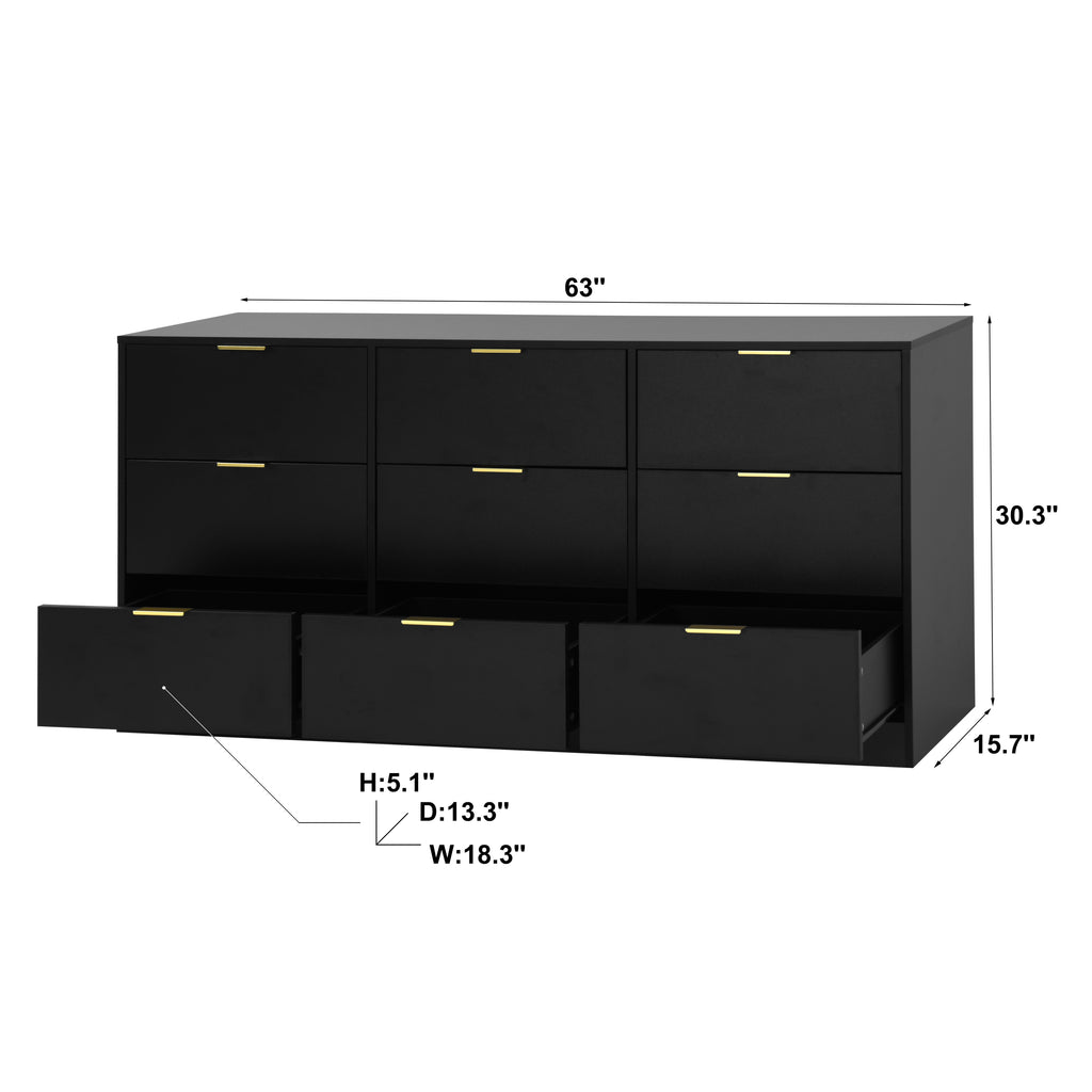 Black 9 Drawer Dresser, 63' Large Deep Chest of Drawers, Wooden Dresser Storage Cabinet with 9 Drawers for Bedroom, Long Dressers for Living Room, Hallway - Grand Goldman Shop