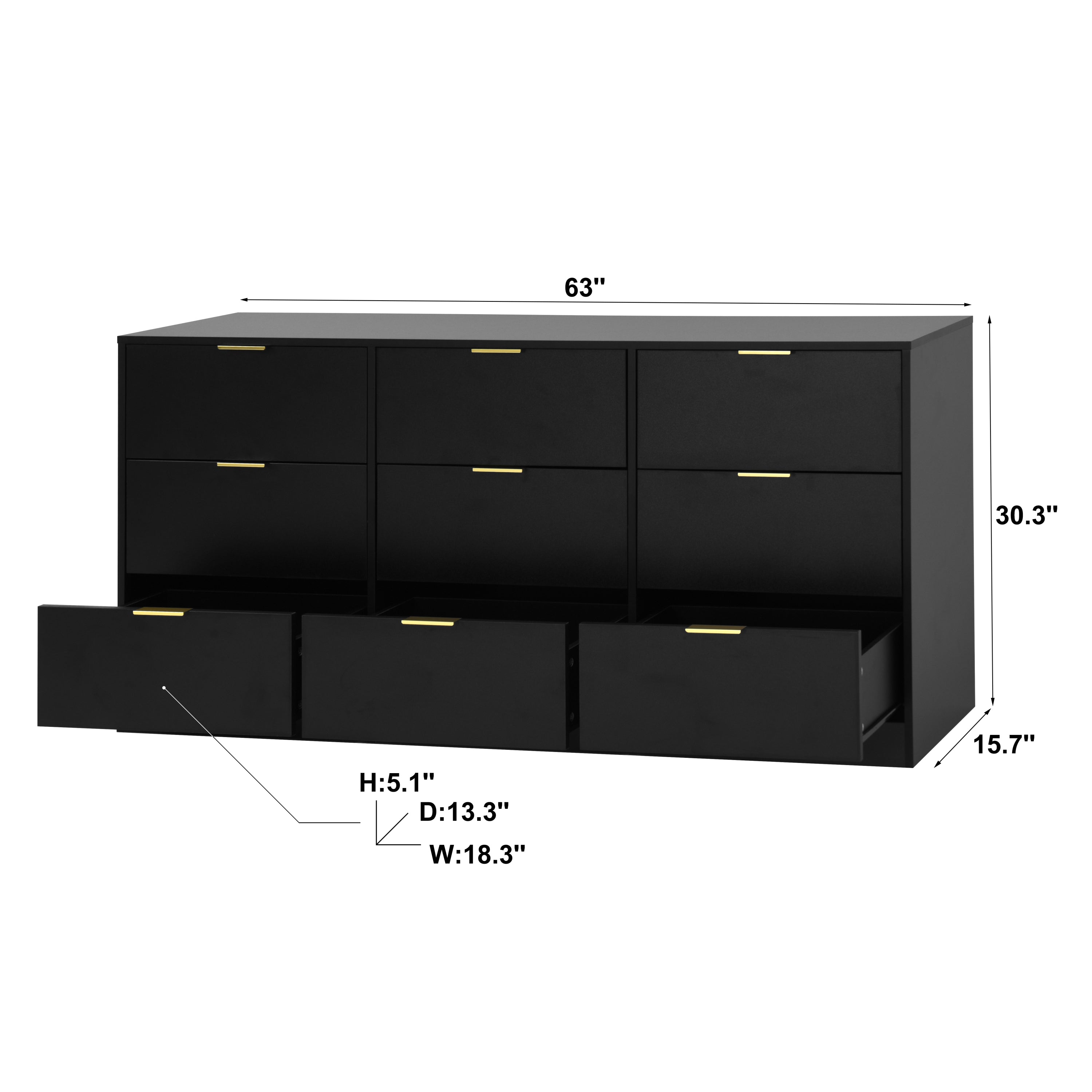 Black 9 Drawer Dresser, 63' Large Deep Chest of Drawers, Wooden Dresser Storage Cabinet with 9 Drawers for Bedroom, Long Dressers for Living Room, Hallway - Grand Goldman Shop