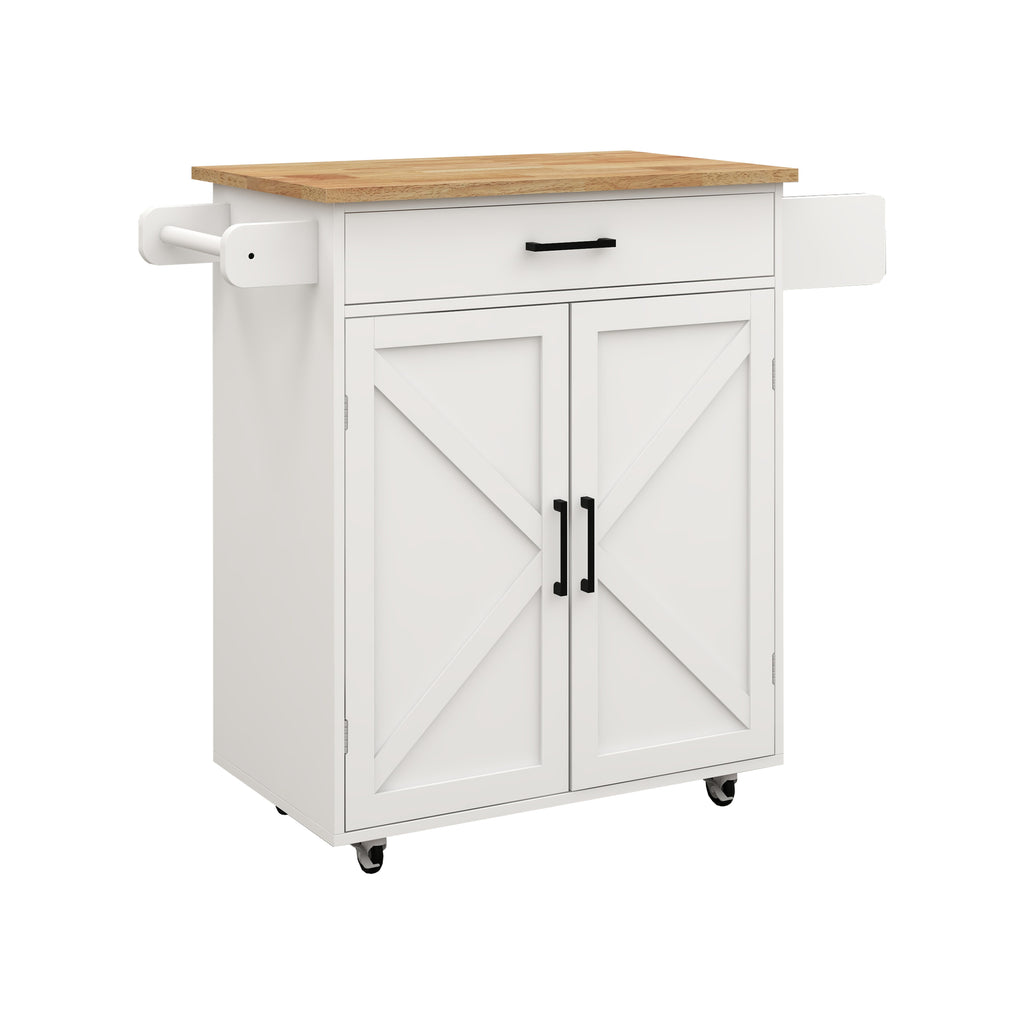 Kitchen island rolling trolley cart with Adjustable Shelves & towel rack & seasoning rack rubber wood table top-White - Grand Goldman Shop