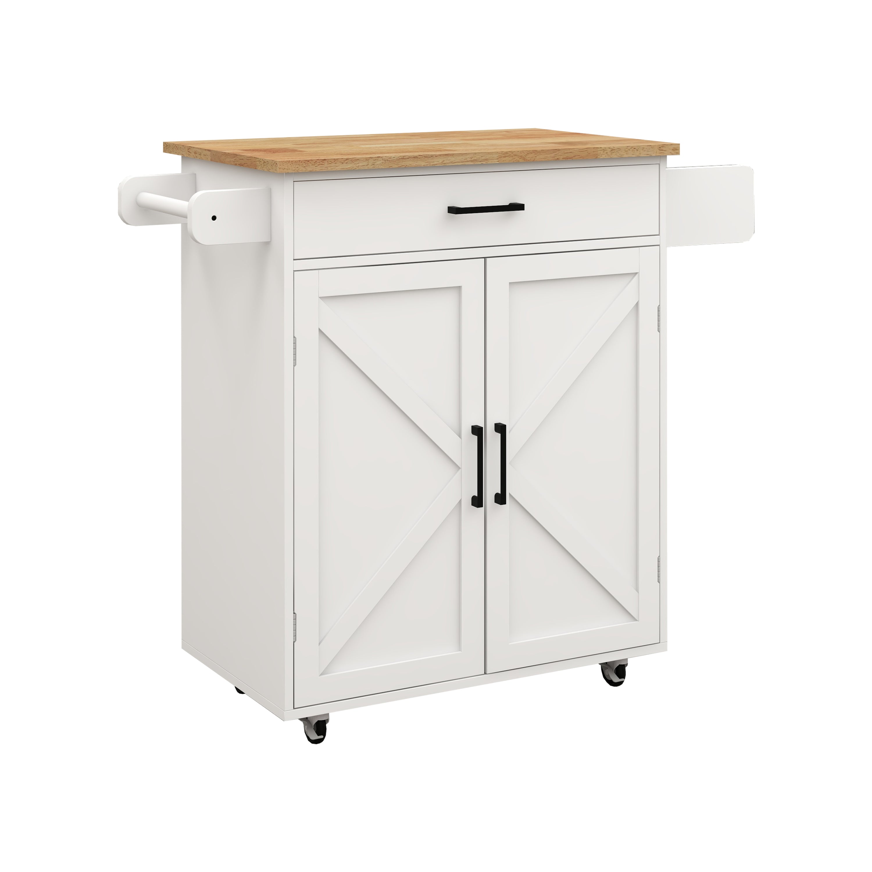 Kitchen island rolling trolley cart with Adjustable Shelves & towel rack & seasoning rack rubber wood table top-White - Grand Goldman Shop