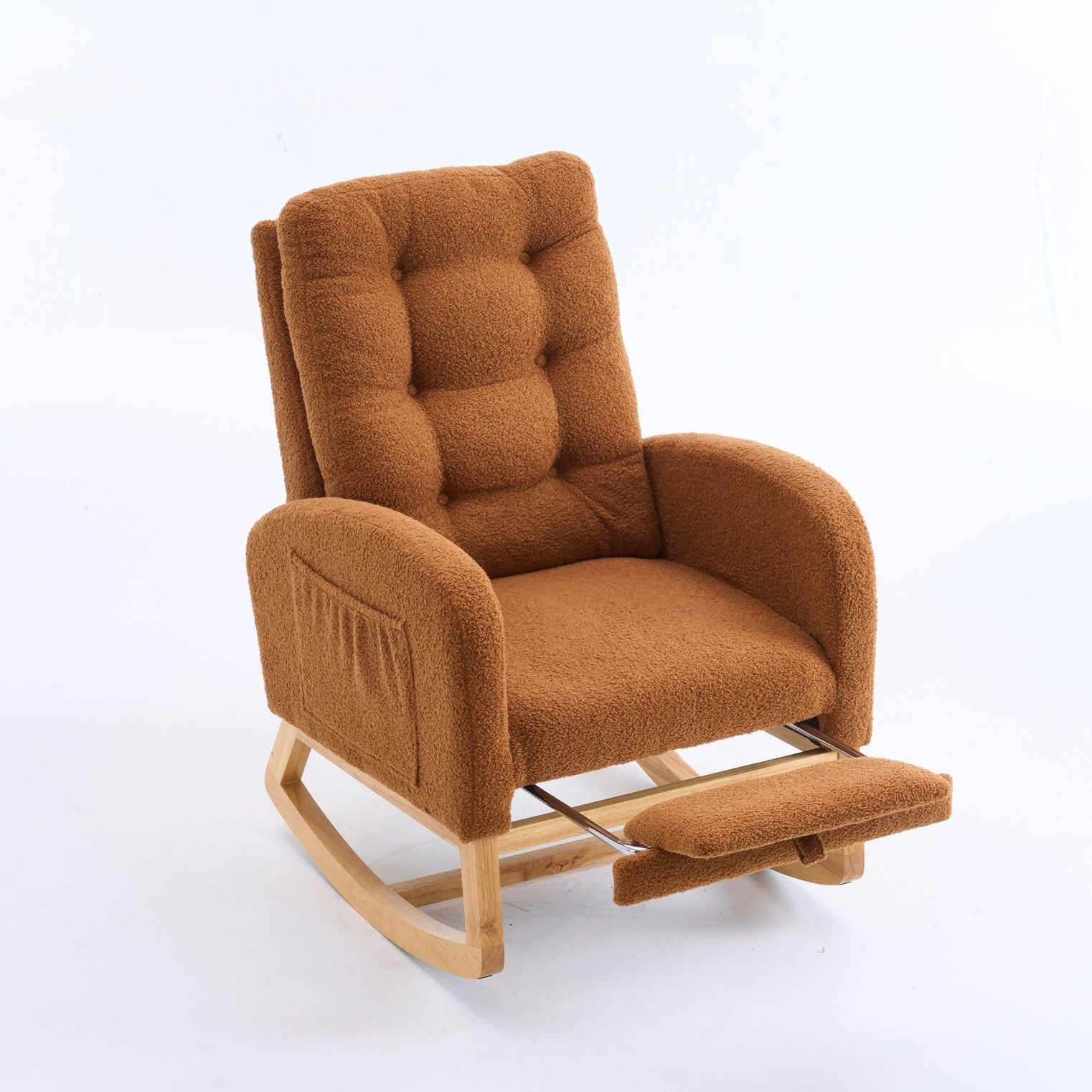 LY-5104 Caramel Accent Rocking  Chair with  Footrest High Back Rubber Wood Rocking Legs Bedroom Living Space   26.77D X 38.36W X 39.76H Inch - Grand Goldman Shop