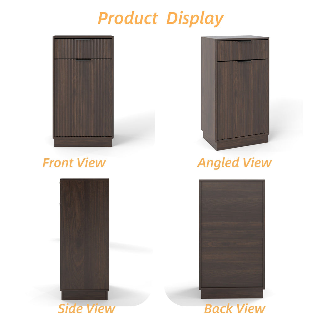 Woodgrain Tilt-Out Trash Can Cabinet with Wave-Textured Drawer & Pull-Out Bin in Walnut Finish - Grand Goldman Shop