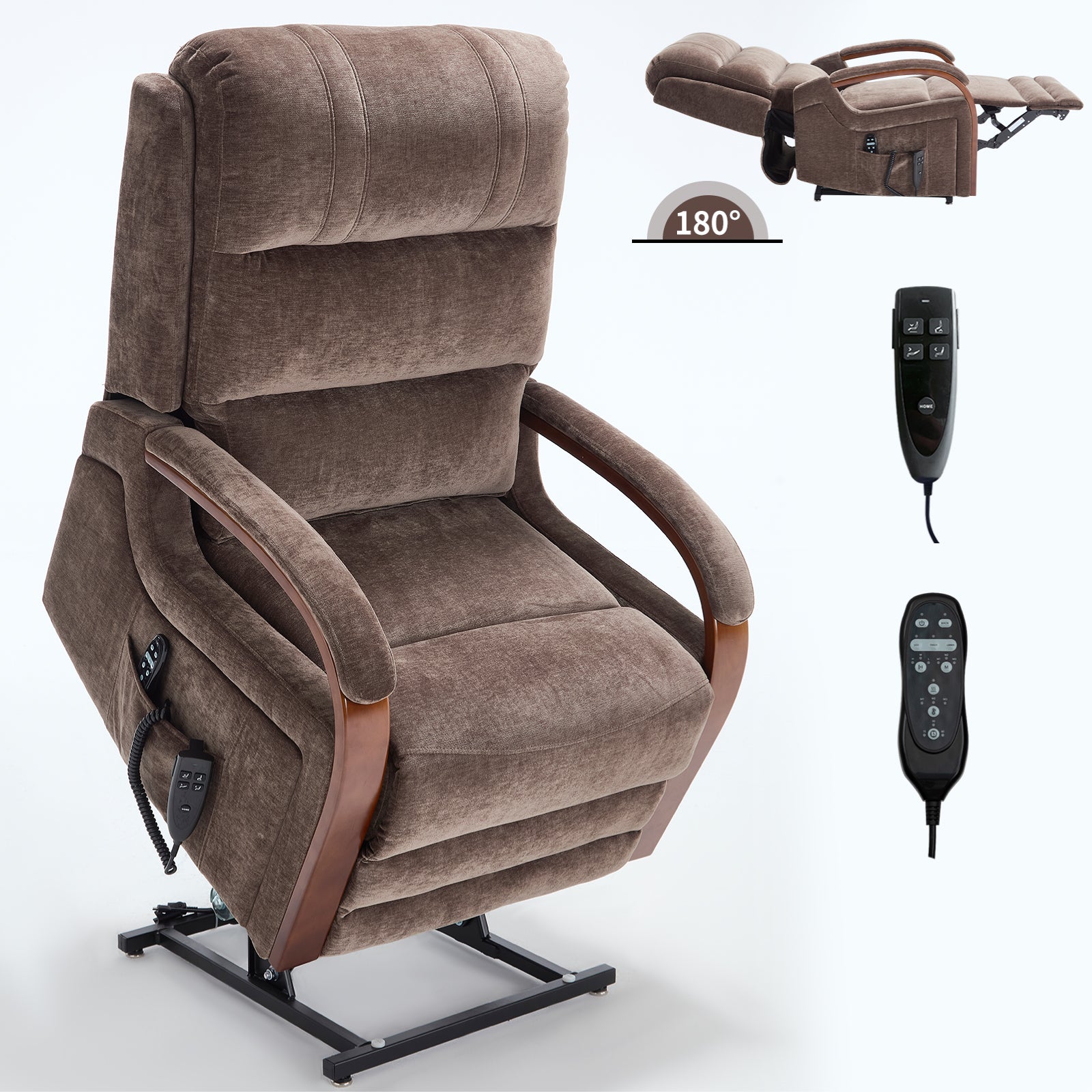 Power Brown Chenille Lift Recliner Chair Dual Motor Infinite Position Up to 350 LBS with Solid Wood Armrests, Heat Massage and Heavy Duty Motion Mechanism - Grand Goldman Shop