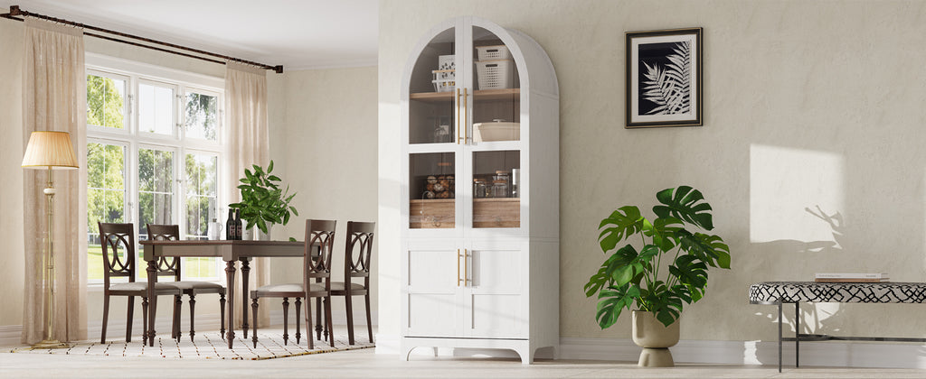 K&K 71' Tall Arched Kitchen Pantry Cabinet with Door Shelves, Farmhouse Kitchen Storage Cabinet with Open & Adjustable Shelves, Hidden Drawer & Glass Door, Cupboard for Kitchen, Dining Room, White - Grand Goldman Shop