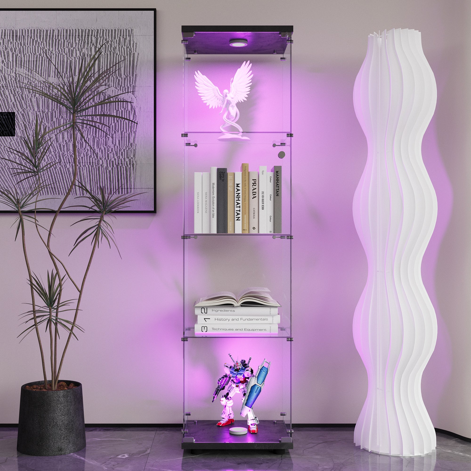 LED lights  Glass Display Cabinet 4 Shelves with Door, Floor Standing Curio Bookshelf for Living Room Bedroom Office, 64.7'*1