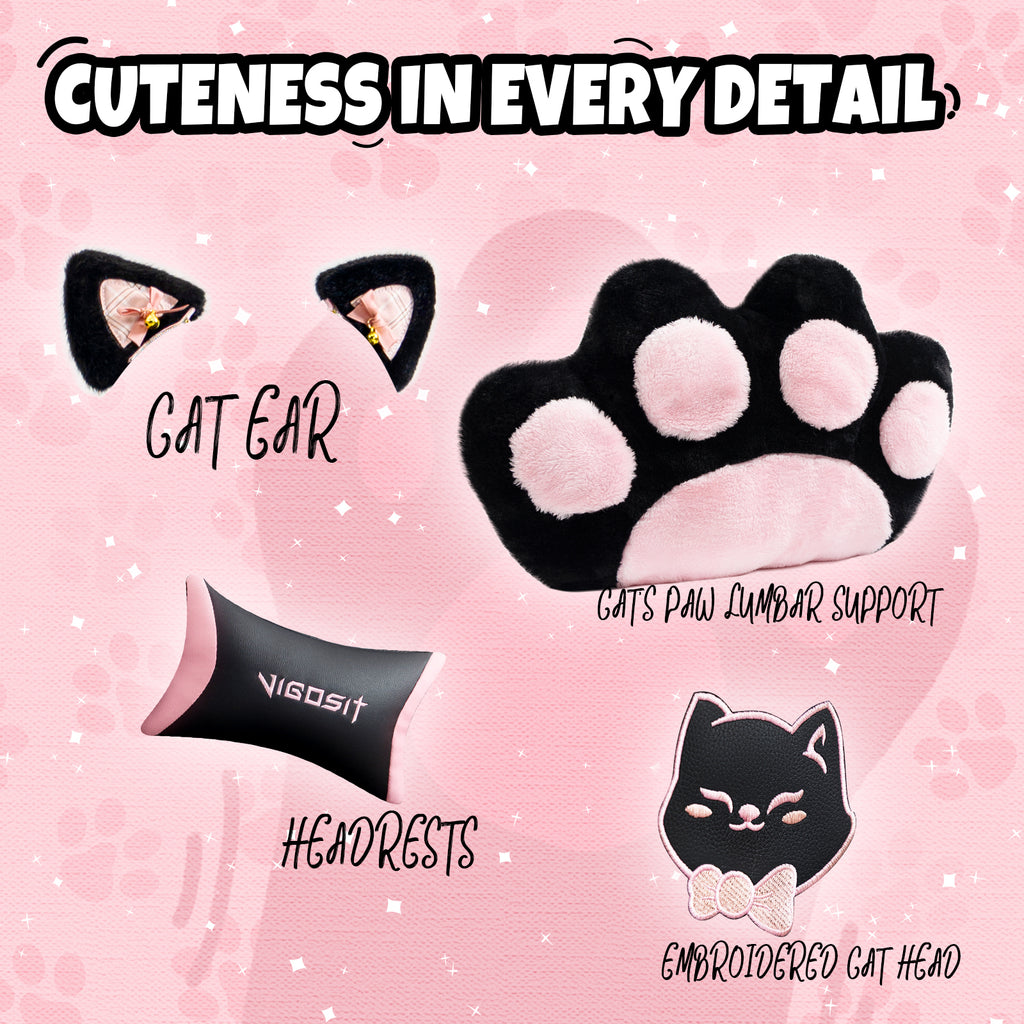 Cute Cat Gaming Chair with Paw Lumbar Cushion, PC Video Gamer Chair for Girl Teen Woman (Black) - Grand Goldman