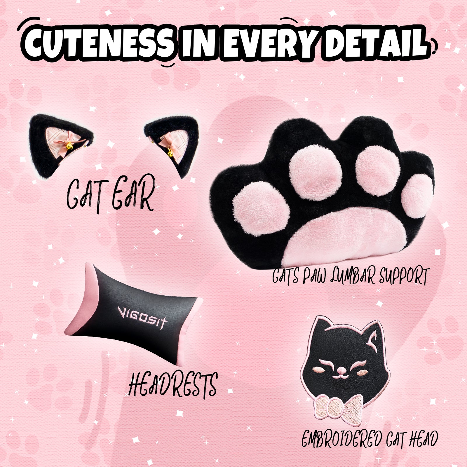 Cute Cat Gaming Chair with Paw Lumbar Cushion, PC Video Gamer Chair for Girl Teen Woman (Black) - Grand Goldman