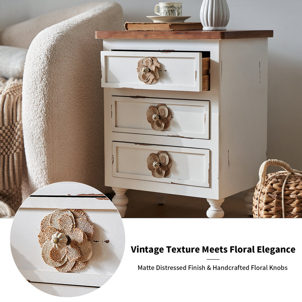 Vintage Farmhouse End Table with Floral Knobs – 19' Rustic Nightstand with 3 Drawers & Gourd Legs,Bedside or Sofa Accent Table, Almost Fully Assembled, Distressed White - Grand Goldman Shop