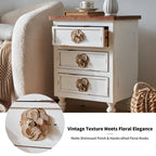 Vintage Farmhouse End Table with Floral Knobs – 19' Rustic Nightstand with 3 Drawers & Gourd Legs,Bedside or Sofa Accent Table, Almost Fully Assembled, Distressed White - Grand Goldman Shop