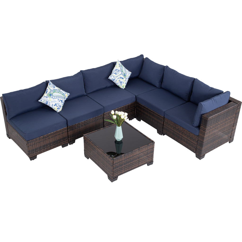7-Piece Outdoor Patio Furniture Set, All-Weather Wicker Rattan Sectional Sofa with Thick Cushions & Glass Table, Modular Patio Conversation Furniture for Backyard, Poolside & Garden (Brown-Blue)