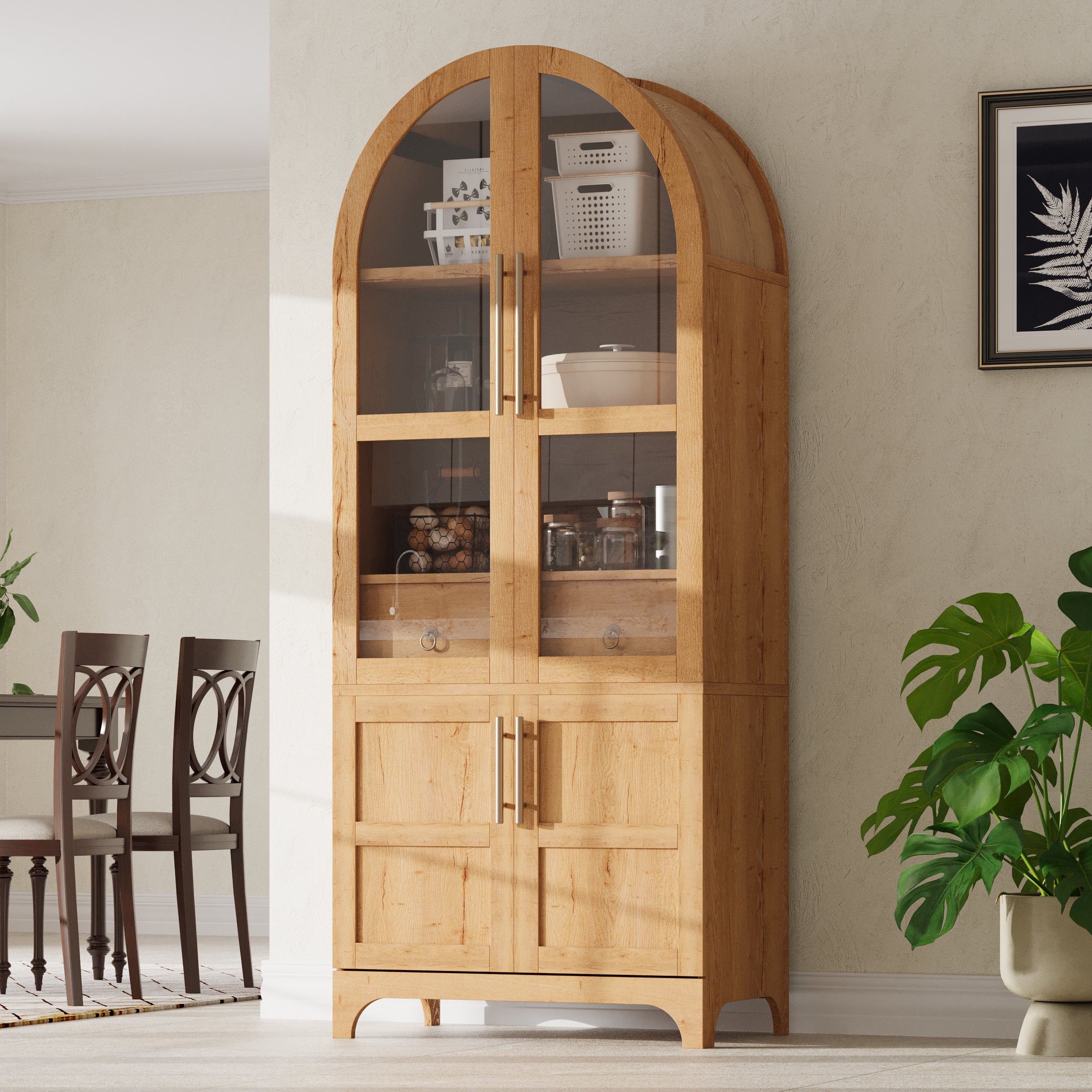 K&K 71' Tall Arched Kitchen Pantry Cabinet with Door Shelves, Farmhouse Kitchen Storage Cabinet with Open & Adjustable Shelves, Hidden Drawer & Glass Door, Cupboard for Kitchen, Dining Room, Natural - Grand Goldman Shop