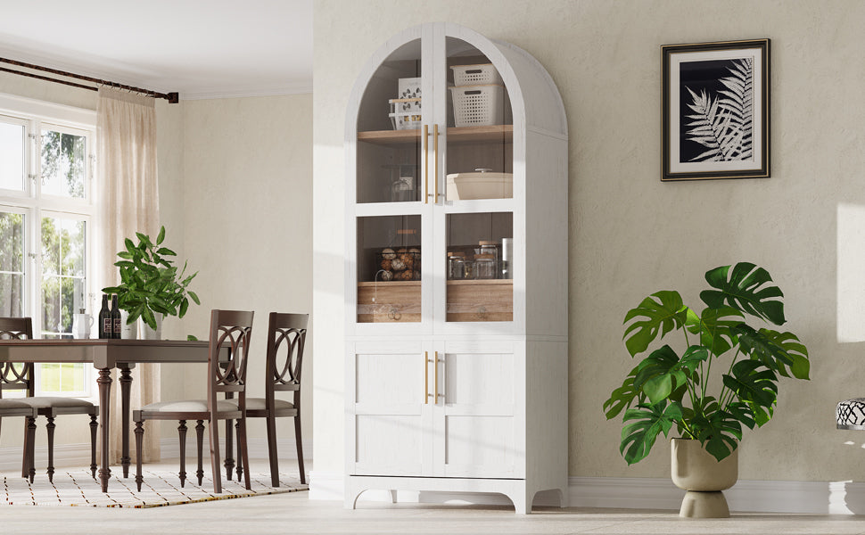 K&K 71' Tall Arched Kitchen Pantry Cabinet with Door Shelves, Farmhouse Kitchen Storage Cabinet with Open & Adjustable Shelves, Hidden Drawer & Glass Door, Cupboard for Kitchen, Dining Room, White - Grand Goldman Shop