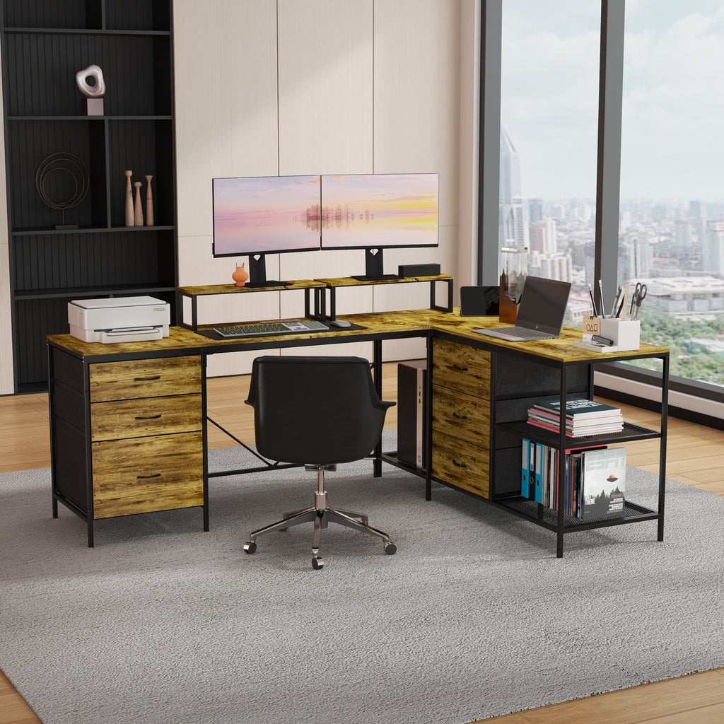Industrial L-Shaped Computer Desk with Power Outlets & USB-C, Rustic Brown Metal Frame, 6 Fabric Drawers, 3 Open Shelves, Mov