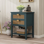 2-Drawer Side Table - Natural Rattan - End Table - Suitable for Bedroom, Living Room, or Study - Green MDF - Grand Goldman Shop