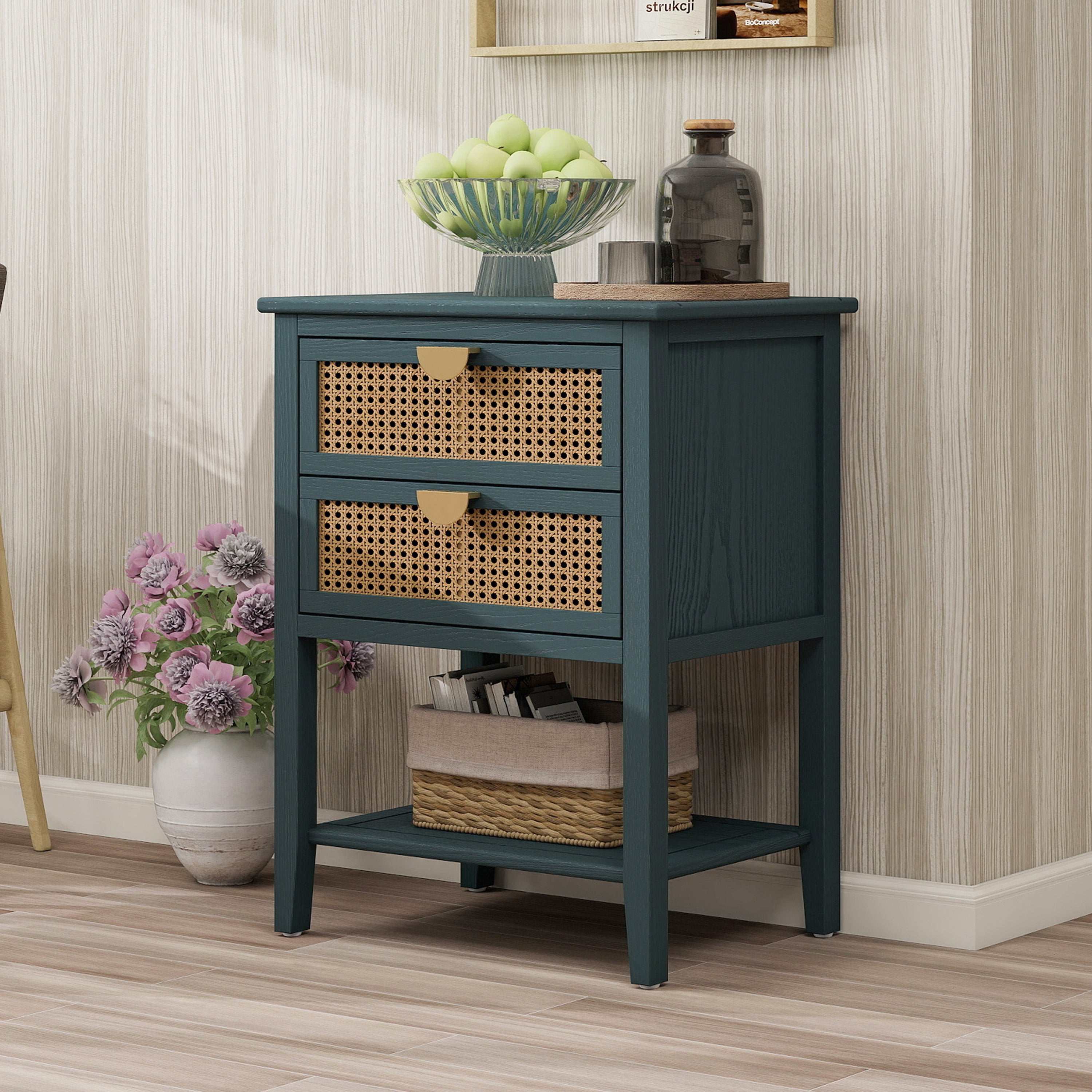 2-Drawer Side Table - Natural Rattan - End Table - Suitable for Bedroom, Living Room, or Study - Green MDF - Grand Goldman Shop