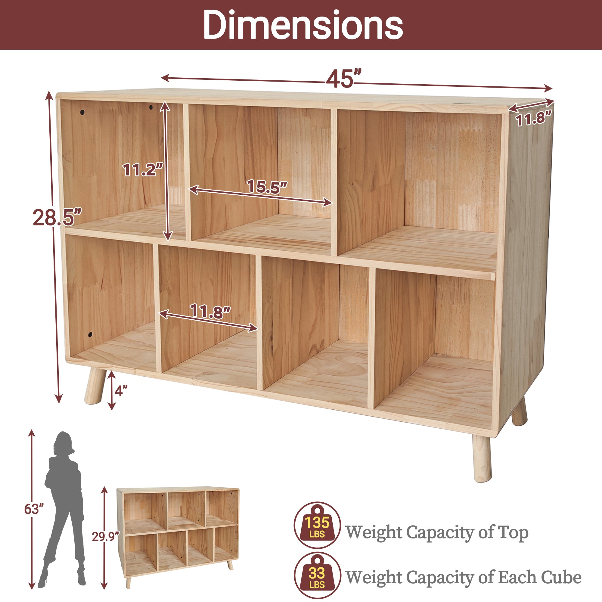 Pine Wood 7 Cube Bookshelf, 45.0'L x 28.5' H Storage Organizer for Books/Toys/Home, Modern Wooden Bookcase for Home/Office - 