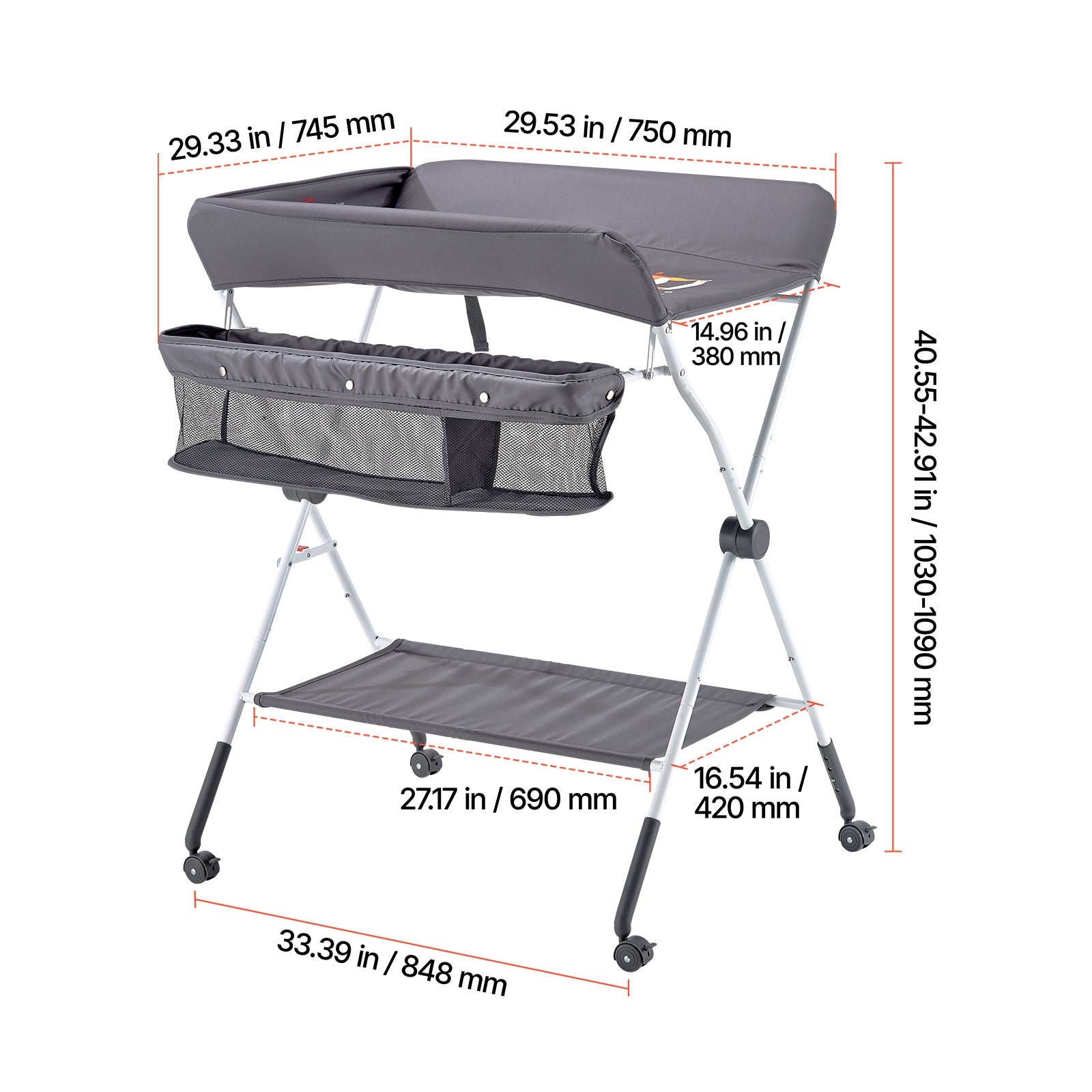 Foldable Baby Changing Diaper Station with Side Basket & Wheels Dark Gray | Premium Home Decor - Grand Goldman