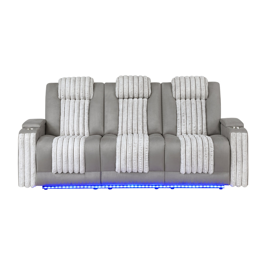 Duran Grey 2PC Power Reclining Sofa and Loveseat with Power Headrest, LED, USB, and Bluetooth Speaker - Grand Goldman Shop