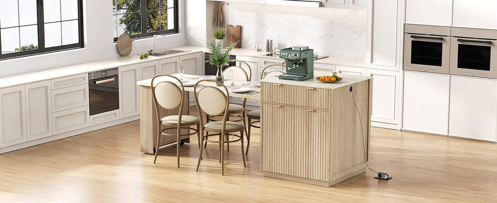 K&K 82.6' Fluted Kitchen Island with Extendable Dining Table for 4-6, Island Table for Kitchen with Power Outlet, Kitchen Table with Double-Side Storage, 2 Drawers 2 Side Open Shelves, Natural - Grand Goldman Shop