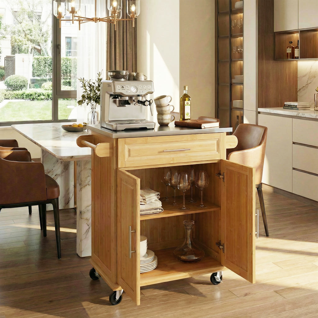 Indoor Compact Bamboo Rolling Kitchen Cart with Stainless Steel Top – Mobile Storage Island with Drawer & Cabinet for Small Spaces - Grand Goldman Shop