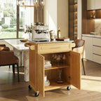 Indoor Compact Bamboo Rolling Kitchen Cart with Stainless Steel Top – Mobile Storage Island with Drawer & Cabinet for Small Spaces - Grand Goldman Shop