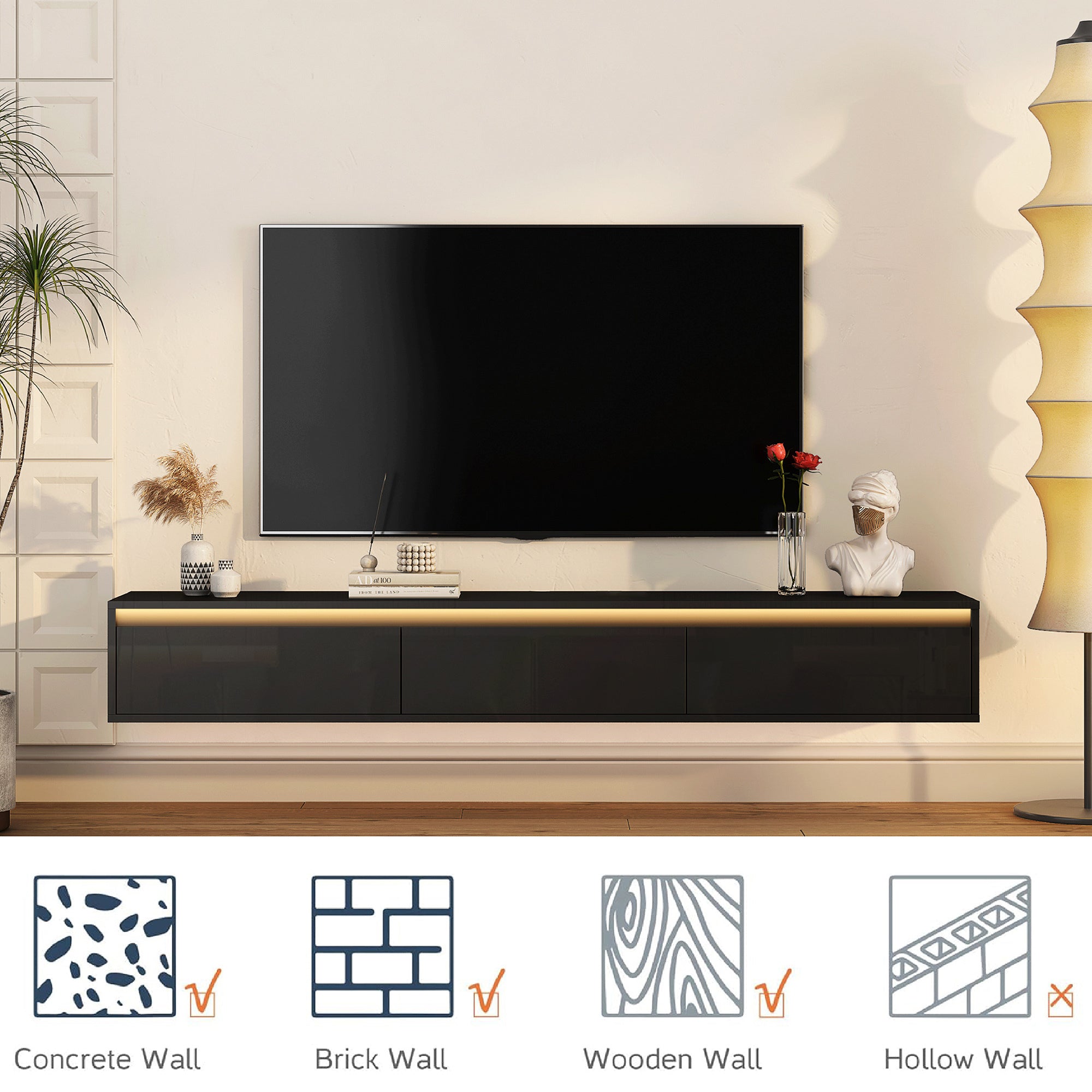 Floating TV Stand, Wall Mounted TV Shelf with Led Lights & Power OutletTV Cabinet for Black tv Stands for Living Room - Grand Goldman Shop