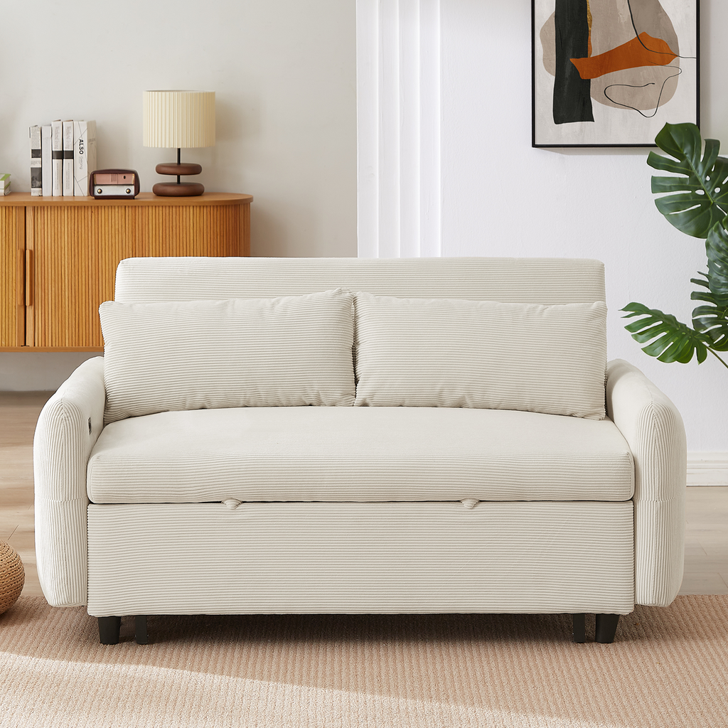 Modern Convertible Pull-out Sofa Bed with USB Ports and Pillows, Beige Corduroy, 57.48 inches - Grand Goldman Shop