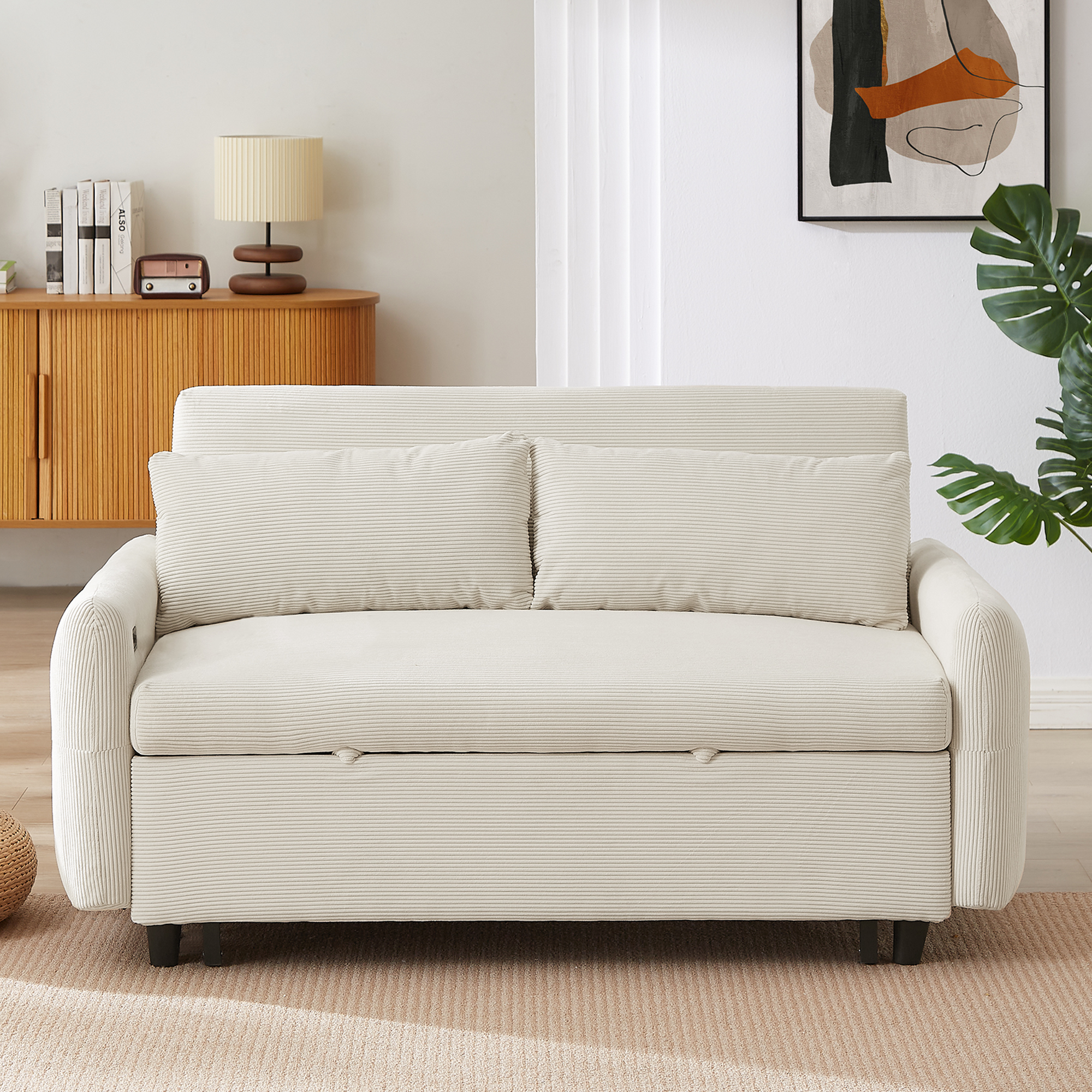Modern Convertible Pull-out Sofa Bed with USB Ports and Pillows, Beige Corduroy, 57.48 inches - Grand Goldman Shop