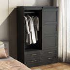 Tall Bedroom Armoire Wardrobe Closet Clothing Storage Cabinet with Hanging Rod Barn Door Drawers Open Shelves - Grand Goldman Shop