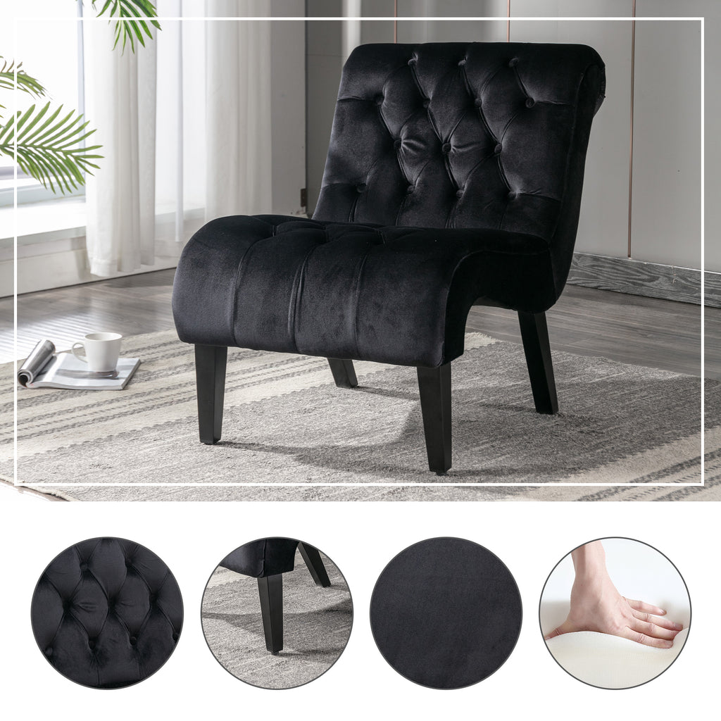 COOLMORE Modern Velvet Armless Accent Living Room Chair / Leisure Chair,Upholstered Fabric Button Comfortable Chair with Wooden Legs for Bedroom, Living Room, Office (Black Velvet) - Grand Goldman Shop