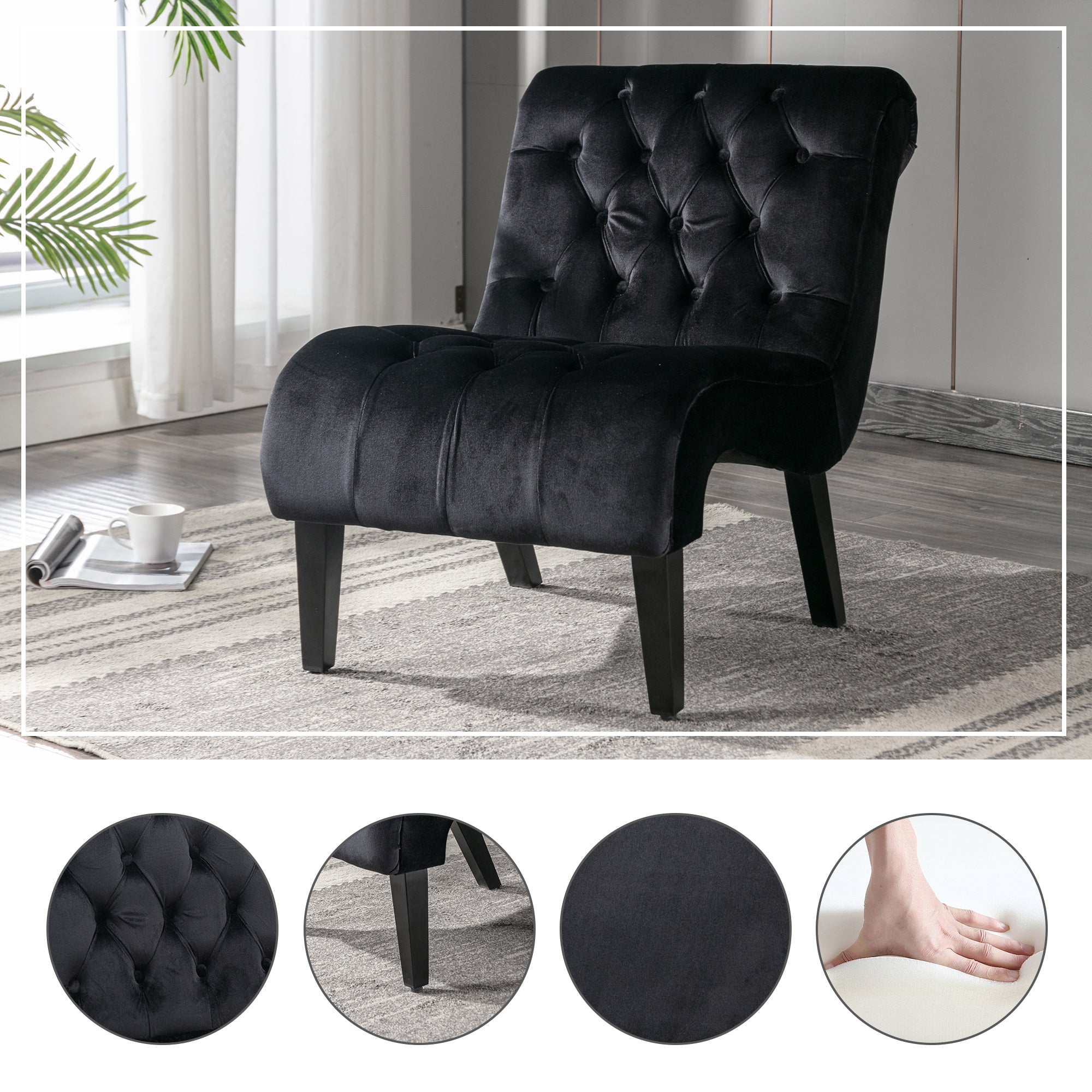 COOLMORE Modern Velvet Armless Accent Living Room Chair / Leisure Chair,Upholstered Fabric Button Comfortable Chair with Wooden Legs for Bedroom, Living Room, Office (Black Velvet) - Grand Goldman Shop