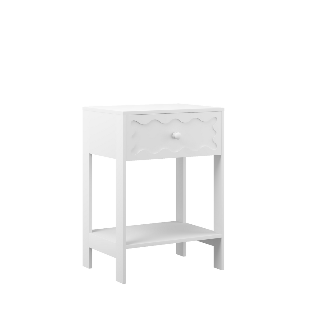 White Nightstand with Drawer and Open Shelf, Modern Wave Pattern Bedside Table, Solid Wood Frame End Table for Bedroom, Living Room, Small Spaces - Grand Goldman Shop
