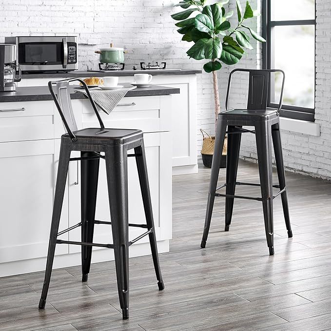 Modern Light Weight Industrial Contemporary Rustic Vintage Costal Metal Barstools with Bucket Back and 4 Leg Design, Seat Bar